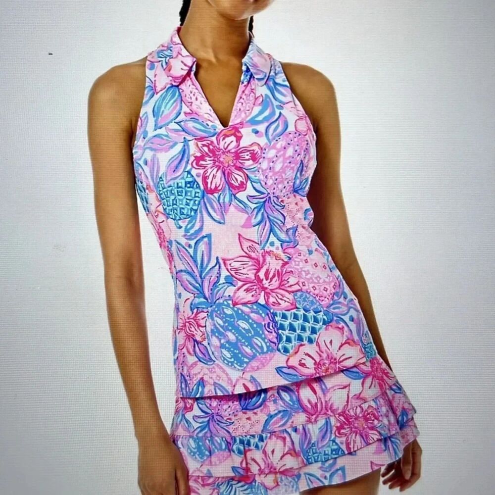 Lilly Pulitzer Luxletic Lakelyn Bra Polo Top Womens M Pineapple Hibiscus UPF 50+